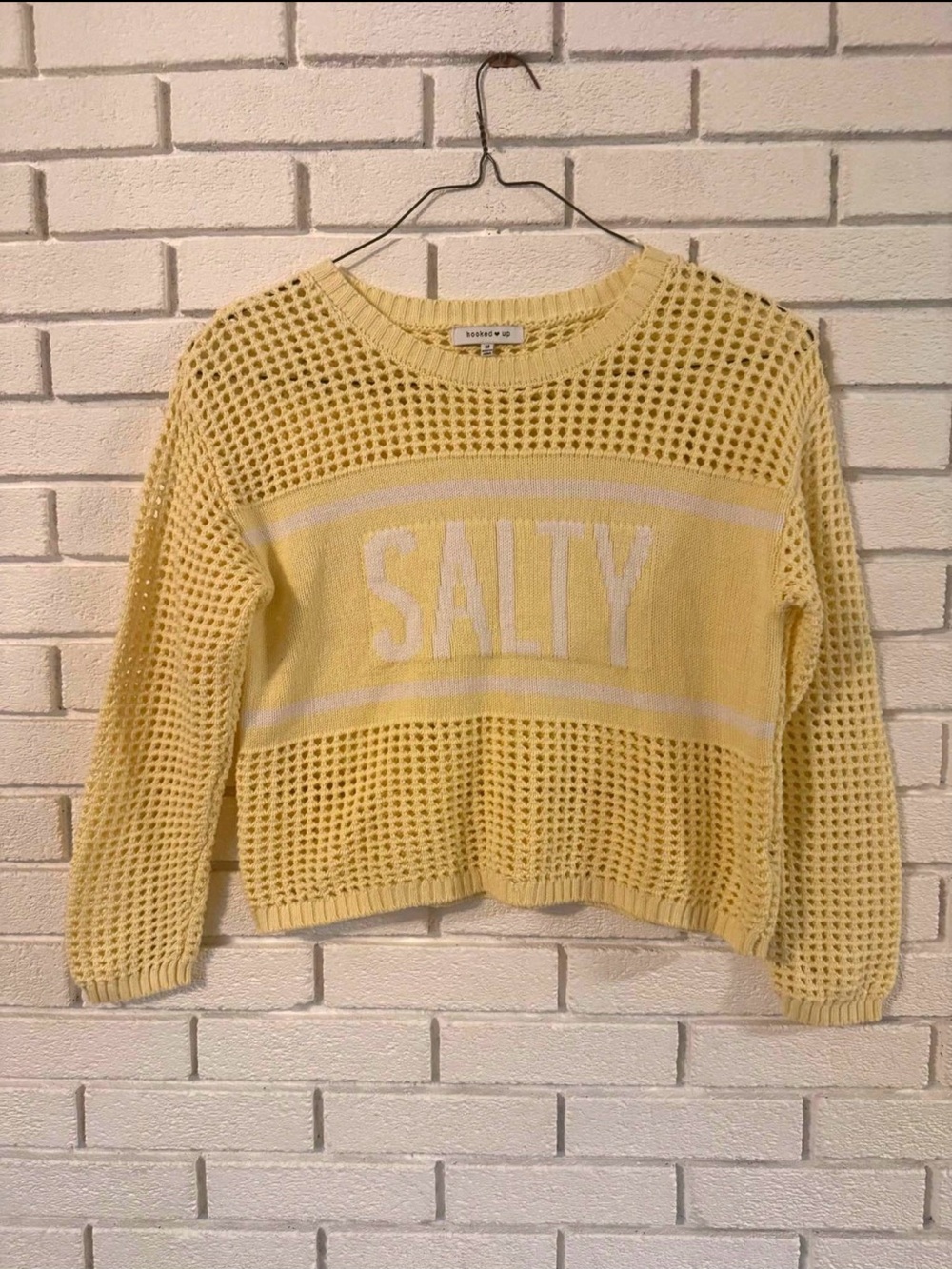 Hooked Up by IOT Pale Yellow 'SALTY' Mesh Cropped Sweater